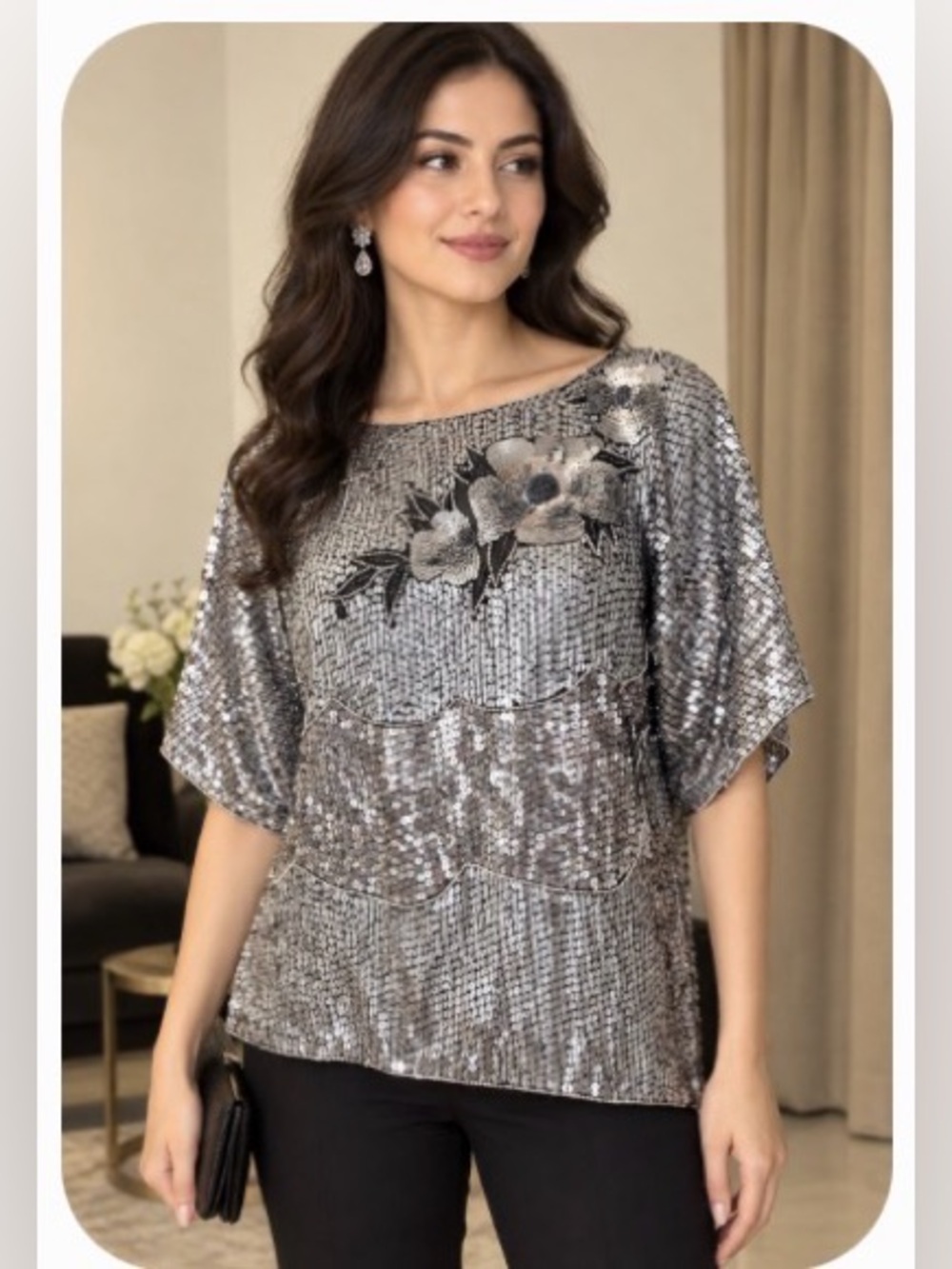 NWT designer Silver metallic sequins beaded silk blouse short-sleeve top Vintage